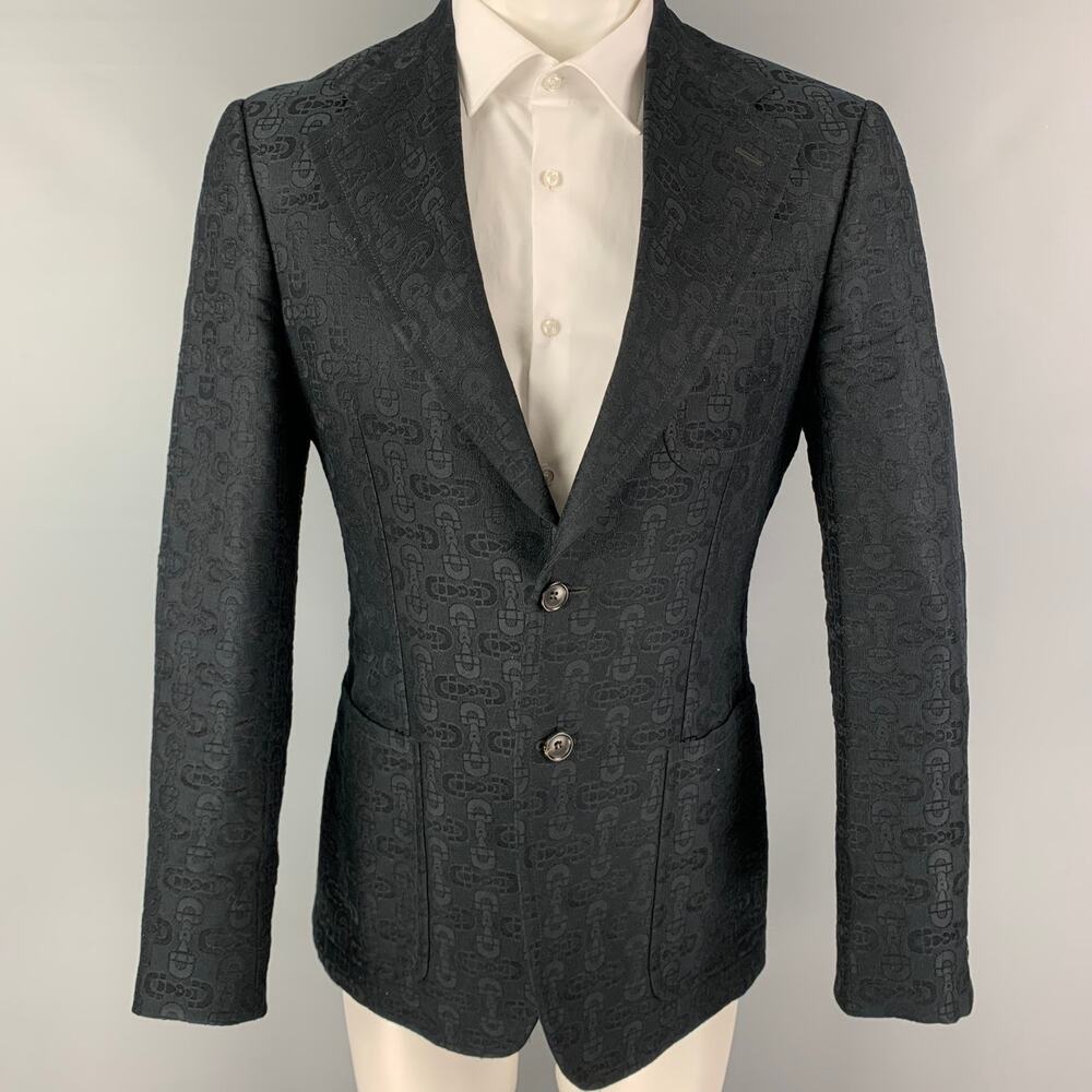 GUCCI by TOM FORD Size 36 Black Jacquard Cotton Silk Notch Lapel Sport Coat